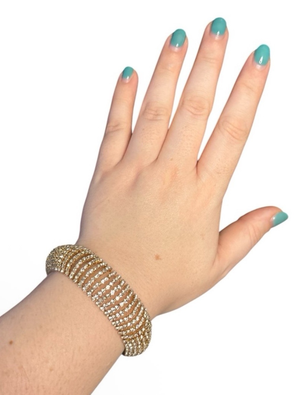 Wide Rhinestone Crystal Bracelet | Multi Row Statement Bracelet | Gold